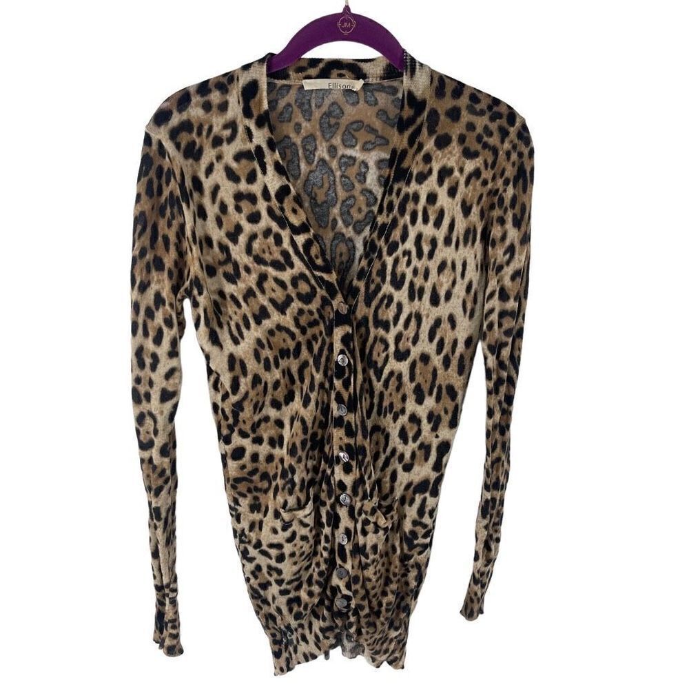 Ellison Womens Animal Print Cardigan Button Up Sweater Linen Blend Brown Medium